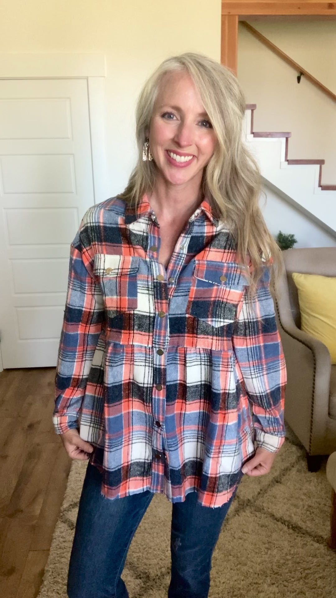 This feminine peplum top is a fun twist on the classic flannel! With it's longer length and loose bottom, this one is perfect for pairing with skinny denim or leggings. The functional front buttons allow you to wear this one open or closed!