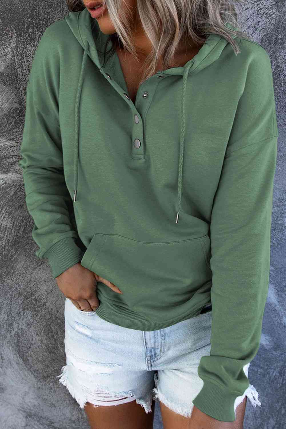 Snap Placket Soft Hoodie in Matcha Green