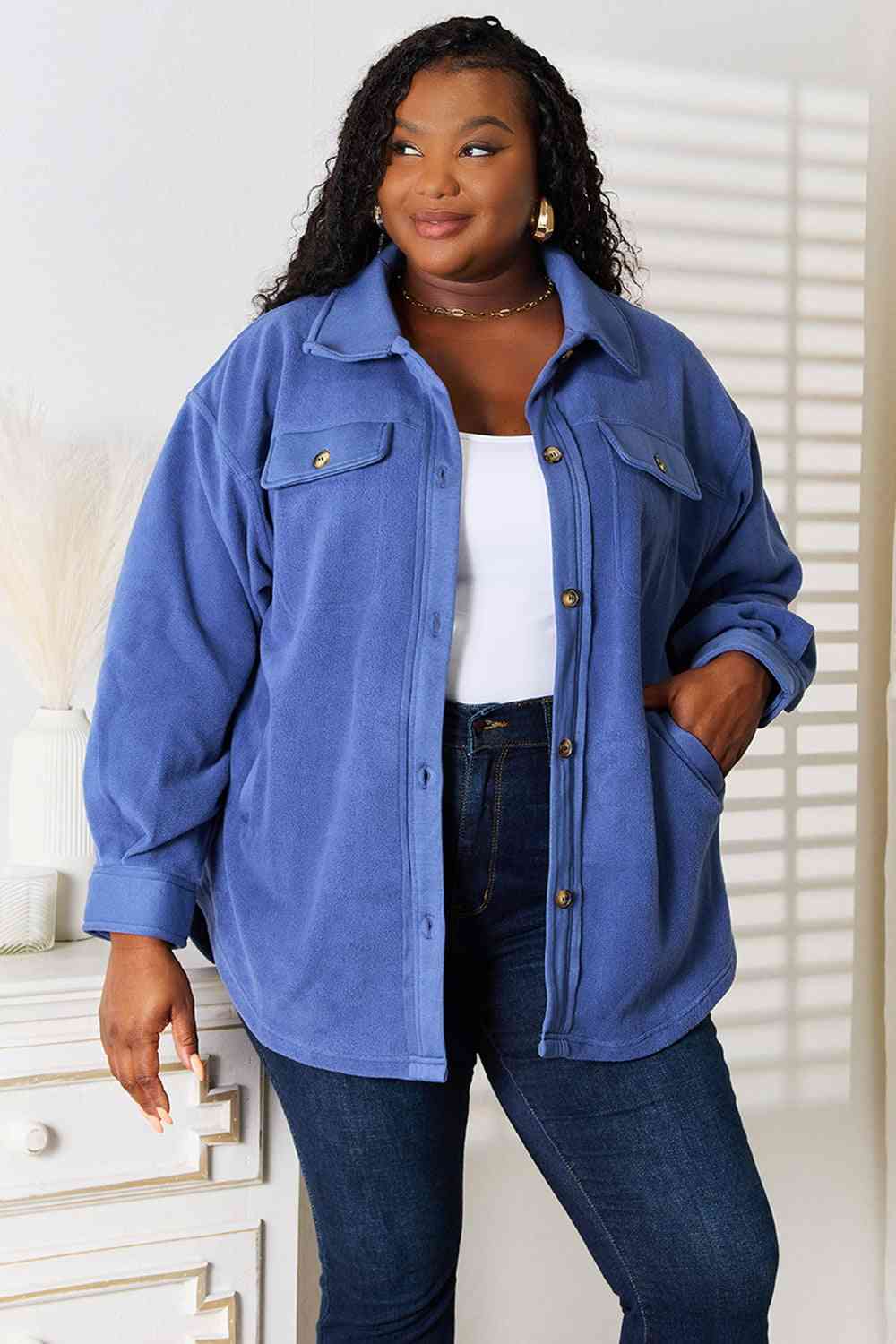 Cozy Girl Fleece Button Down Shacket - Blue