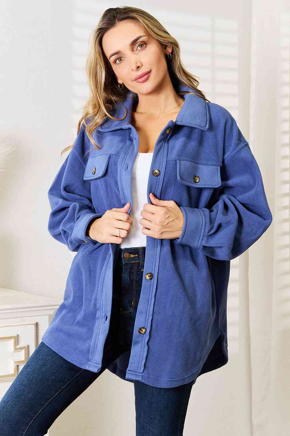 Cozy Girl Fleece Button Down Shacket - Blue